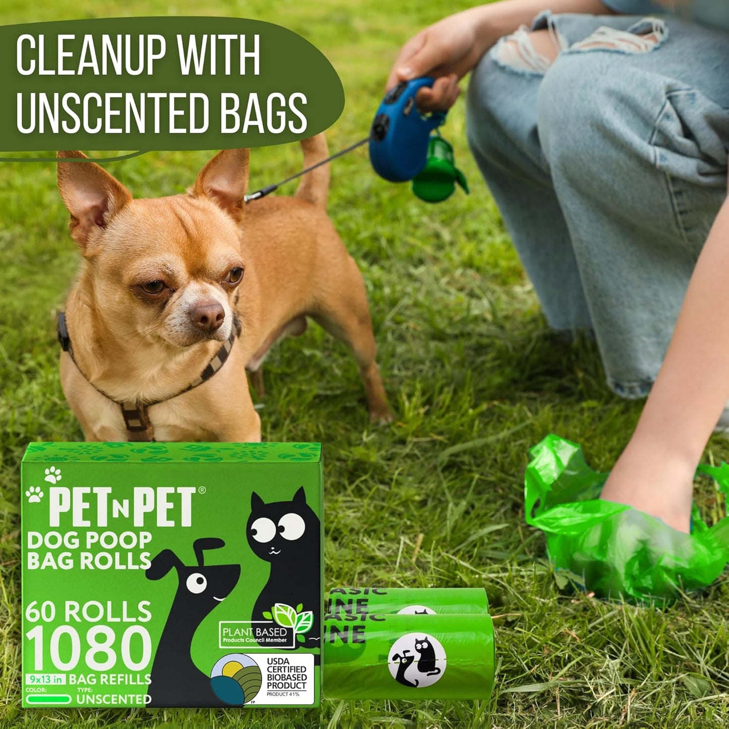 Dog Poop Bags, 41% Plant-Based, USDA Certified, Leak-Proof Dog Bags Refill Rolls for Small & Large Doggy, Cat Litter Waste & Doggie Poo (1080 Count, Unscented, Green)