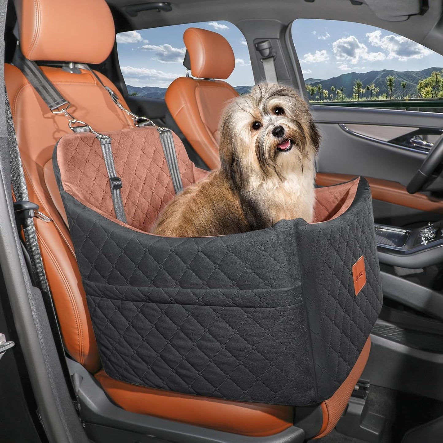 Dog Car Seats for Small/Medium Dogs up to 35 Lbs – Portable Memory Foam Dog Seat for Car with Anti-Slip Design, 2 Adjustable Safety Leashes & Storage Pockets(Black/Brown, Medium)