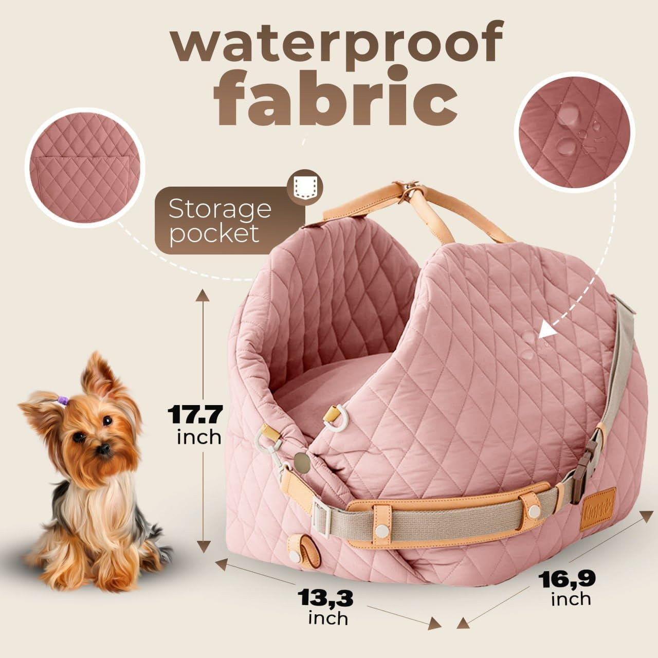 Dog Bed 3-In-1 Pet Car Seat and Dog Carrier with Small Pillow, Storage Pocket, Clip-On Safety Leash, Waterproof Puppy Carrier, Two Portable Handle, Cat Travel Carrier, Pink