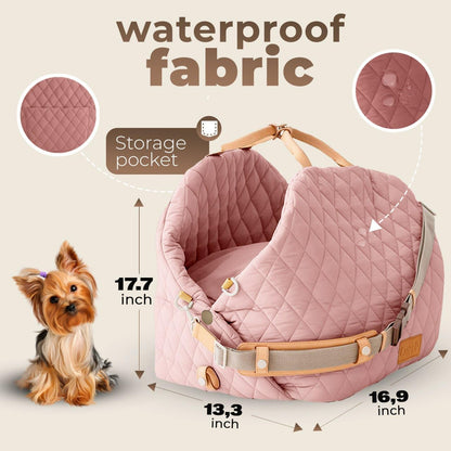 Dog Bed 3-In-1 Pet Car Seat and Dog Carrier with Small Pillow, Storage Pocket, Clip-On Safety Leash, Waterproof Puppy Carrier, Two Portable Handle, Cat Travel Carrier, Pink