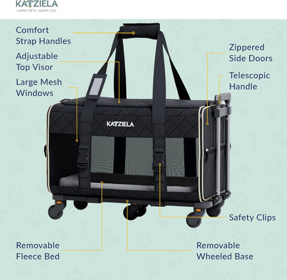 Pet Carrier Airline Approved - Dog Carrier with Wheels - TSA Airline Approved Dog Carrier - Rolling Pet Carrier with Wheels for Small to Medium Size Cat or Dog - Airplane Cabin Animal Friendly Luggage