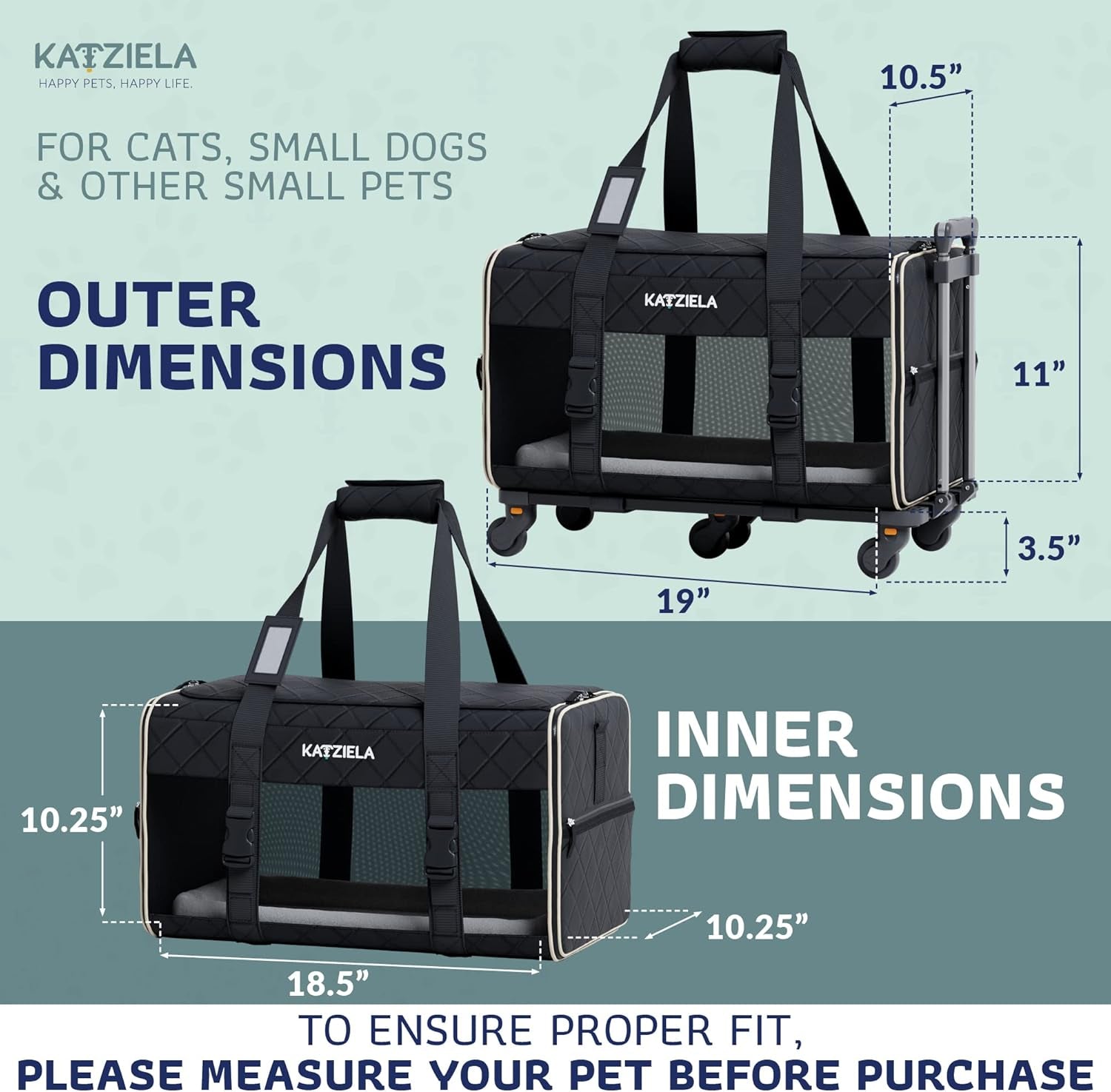 Pet Carrier Airline Approved - Dog Carrier with Wheels - TSA Airline Approved Dog Carrier - Rolling Pet Carrier with Wheels for Small to Medium Size Cat or Dog - Airplane Cabin Animal Friendly Luggage