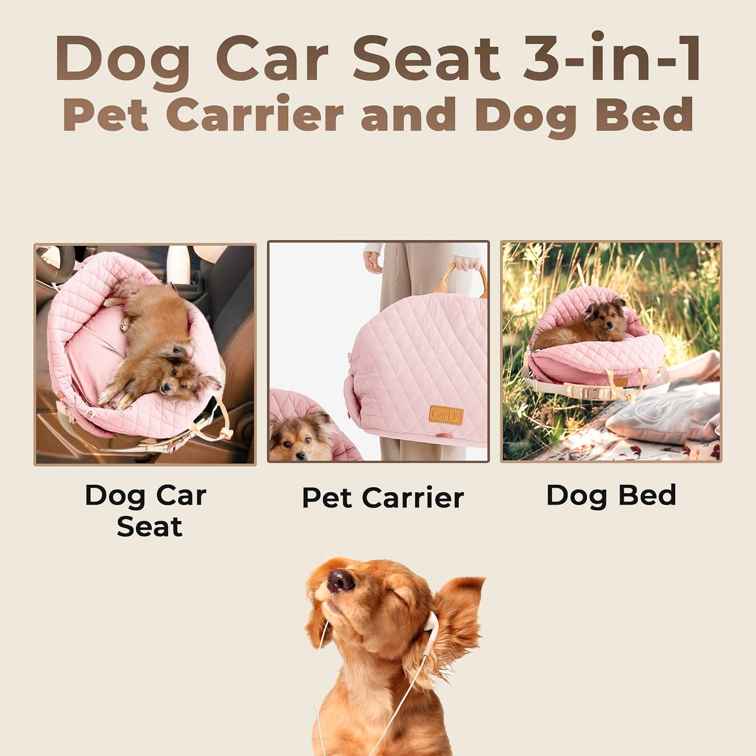 Dog Bed 3-In-1 Pet Car Seat and Dog Carrier with Small Pillow, Storage Pocket, Clip-On Safety Leash, Waterproof Puppy Carrier, Two Portable Handle, Cat Travel Carrier, Pink