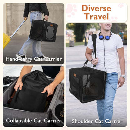 Collapsible Cat Carrier for 2 Small Cats, 28"X14"X14" Portable Kitten Cat Travel Carriers with Little Box, Soft Pet Carrier with Flannel Mat and Hammock for Gift, Indoor, Outdoor, Vet (Black)