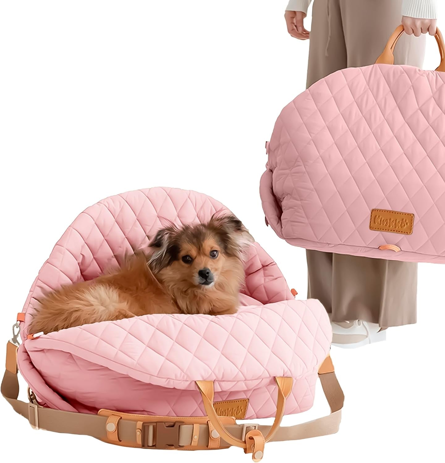 Dog Bed 3-In-1 Pet Car Seat and Dog Carrier with Small Pillow, Storage Pocket, Clip-On Safety Leash, Waterproof Puppy Carrier, Two Portable Handle, Cat Travel Carrier, Pink