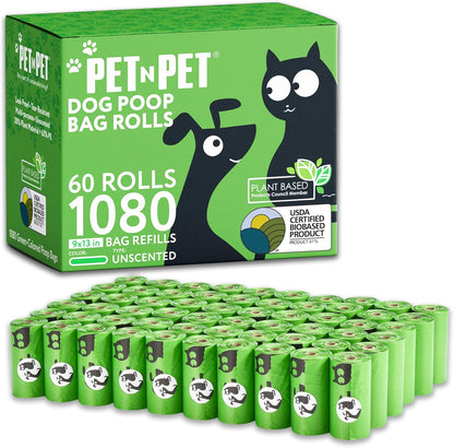 Dog Poop Bags, 41% Plant-Based, USDA Certified, Leak-Proof Dog Bags Refill Rolls for Small & Large Doggy, Cat Litter Waste & Doggie Poo (1080 Count, Unscented, Green)