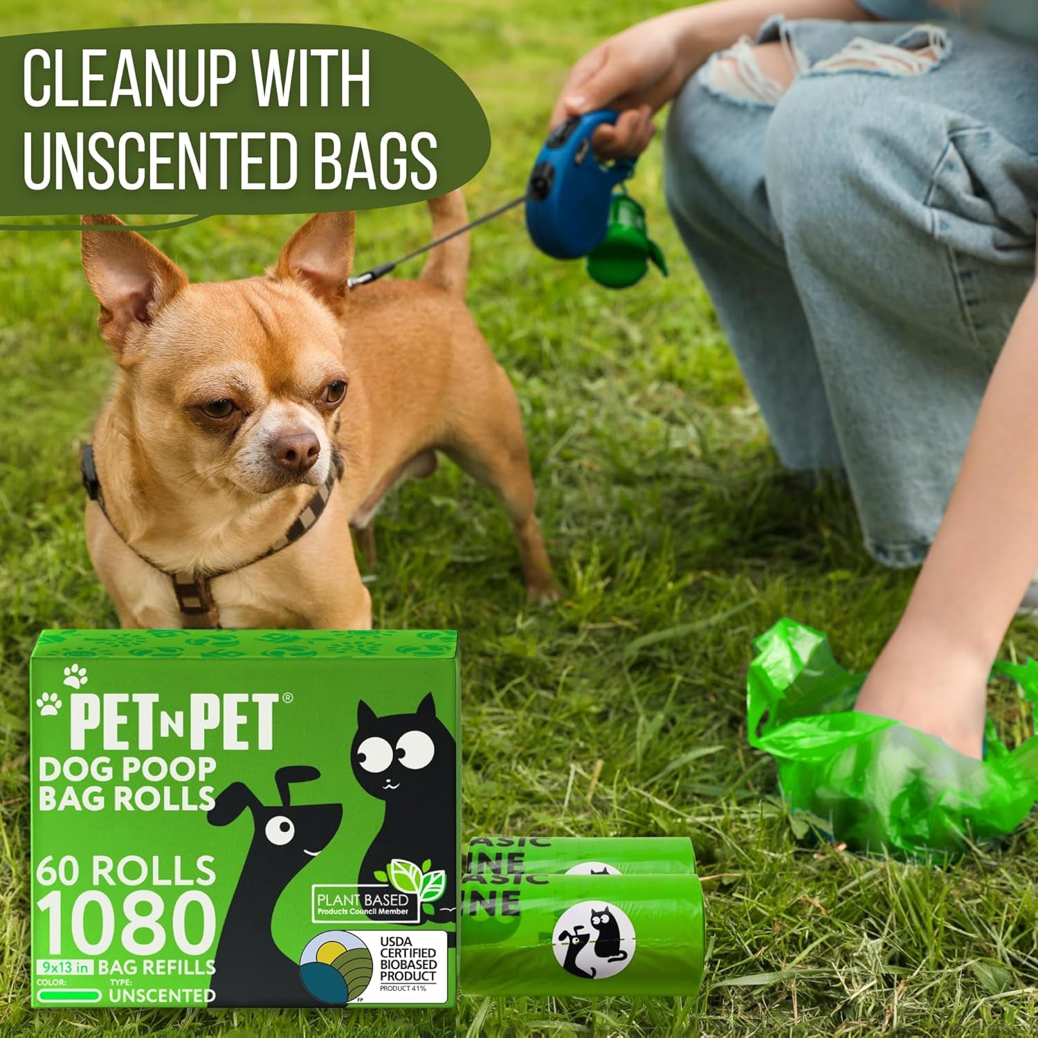 Dog Poop Bags, 41% Plant-Based, USDA Certified, Leak-Proof Dog Bags Refill Rolls for Small & Large Doggy, Cat Litter Waste & Doggie Poo (1080 Count, Unscented, Green)