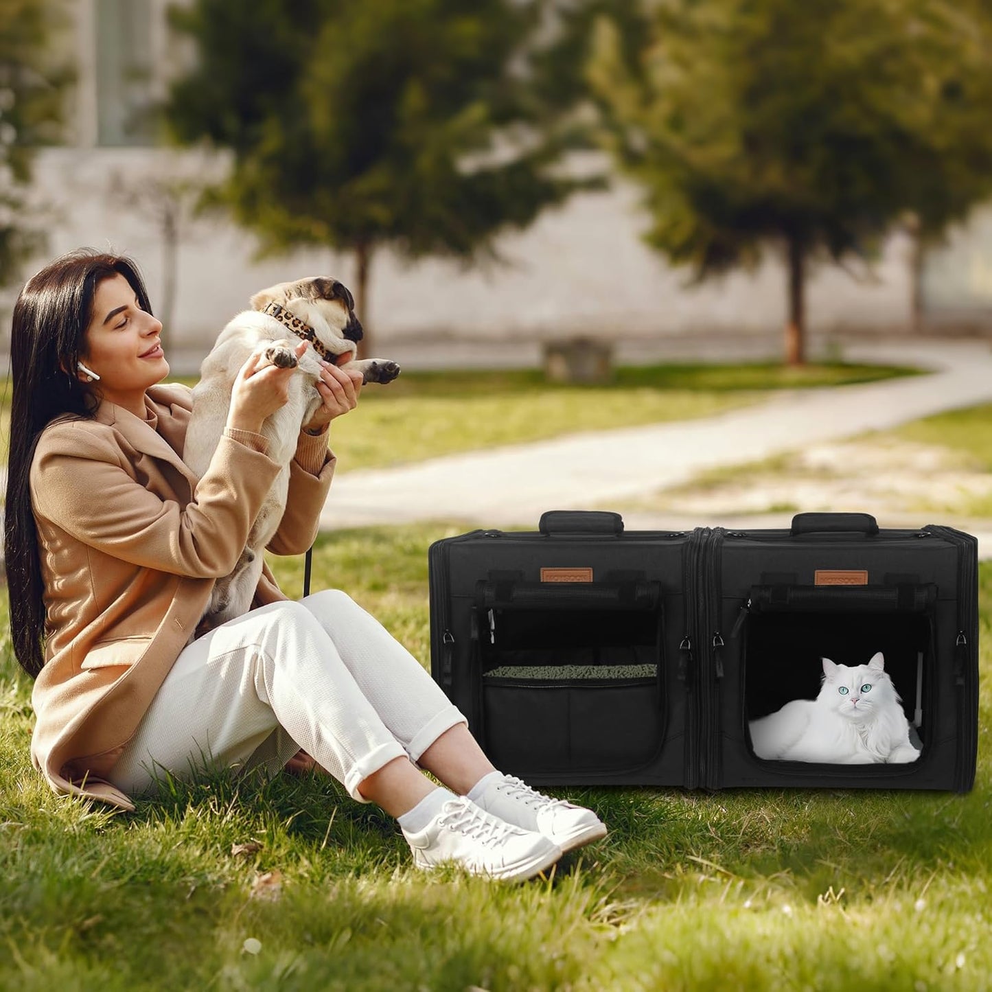 Collapsible Cat Carrier for 2 Small Cats, 28"X14"X14" Portable Kitten Cat Travel Carriers with Little Box, Soft Pet Carrier with Flannel Mat and Hammock for Gift, Indoor, Outdoor, Vet (Black)