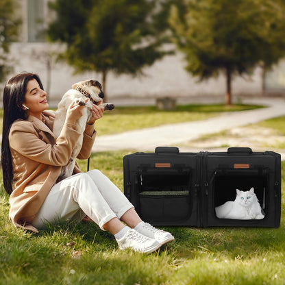 Collapsible Cat Carrier for 2 Small Cats, 28"X14"X14" Portable Kitten Cat Travel Carriers with Little Box, Soft Pet Carrier with Flannel Mat and Hammock for Gift, Indoor, Outdoor, Vet (Black)