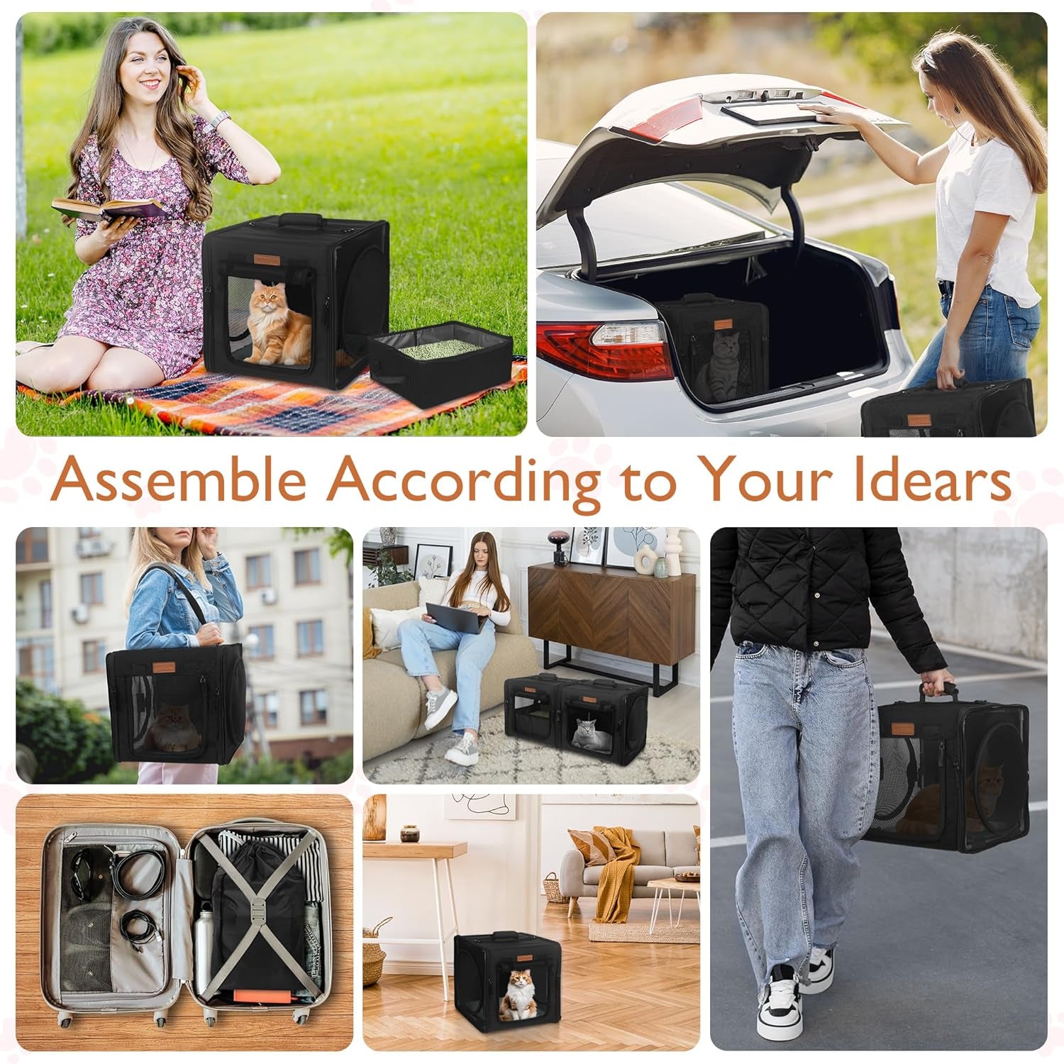 Collapsible Cat Carrier for 2 Small Cats, 28"X14"X14" Portable Kitten Cat Travel Carriers with Little Box, Soft Pet Carrier with Flannel Mat and Hammock for Gift, Indoor, Outdoor, Vet (Black)