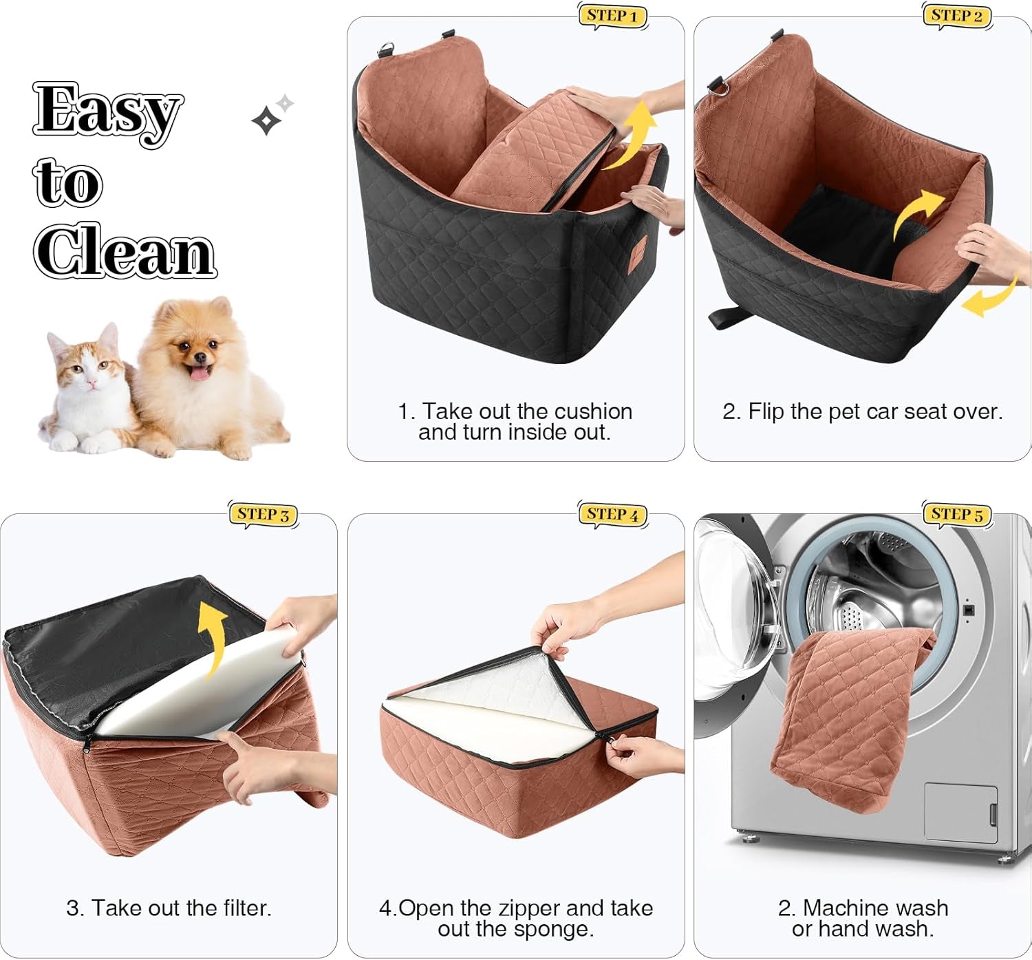 Dog Car Seats for Small/Medium Dogs up to 35 Lbs – Portable Memory Foam Dog Seat for Car with Anti-Slip Design, 2 Adjustable Safety Leashes & Storage Pockets(Black/Brown, Medium)