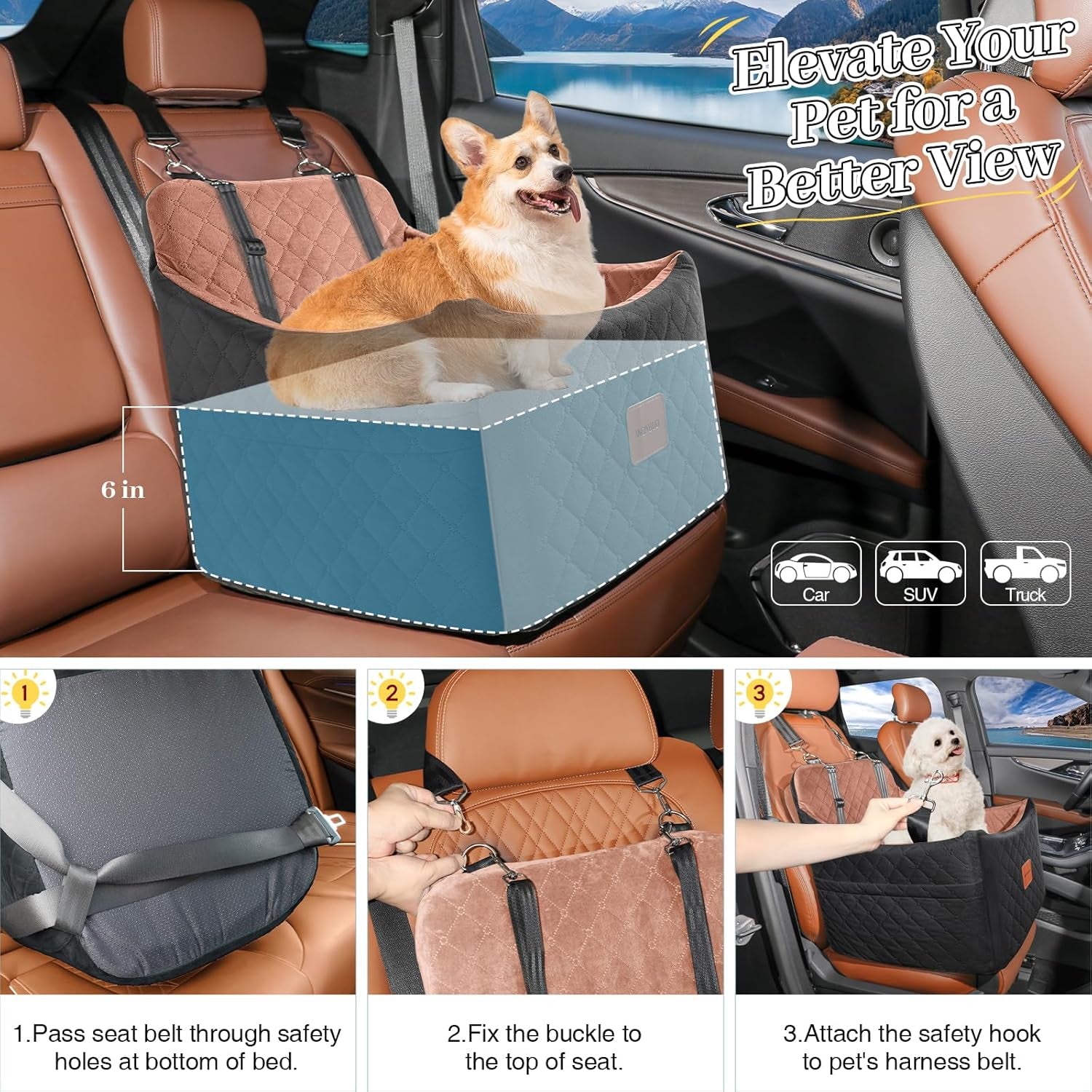 Dog Car Seats for Small/Medium Dogs up to 35 Lbs – Portable Memory Foam Dog Seat for Car with Anti-Slip Design, 2 Adjustable Safety Leashes & Storage Pockets(Black/Brown, Medium)