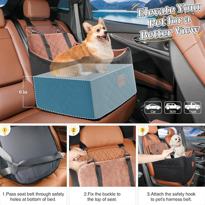 Dog Car Seats for Small/Medium Dogs up to 35 Lbs – Portable Memory Foam Dog Seat for Car with Anti-Slip Design, 2 Adjustable Safety Leashes & Storage Pockets(Black/Brown, Medium)
