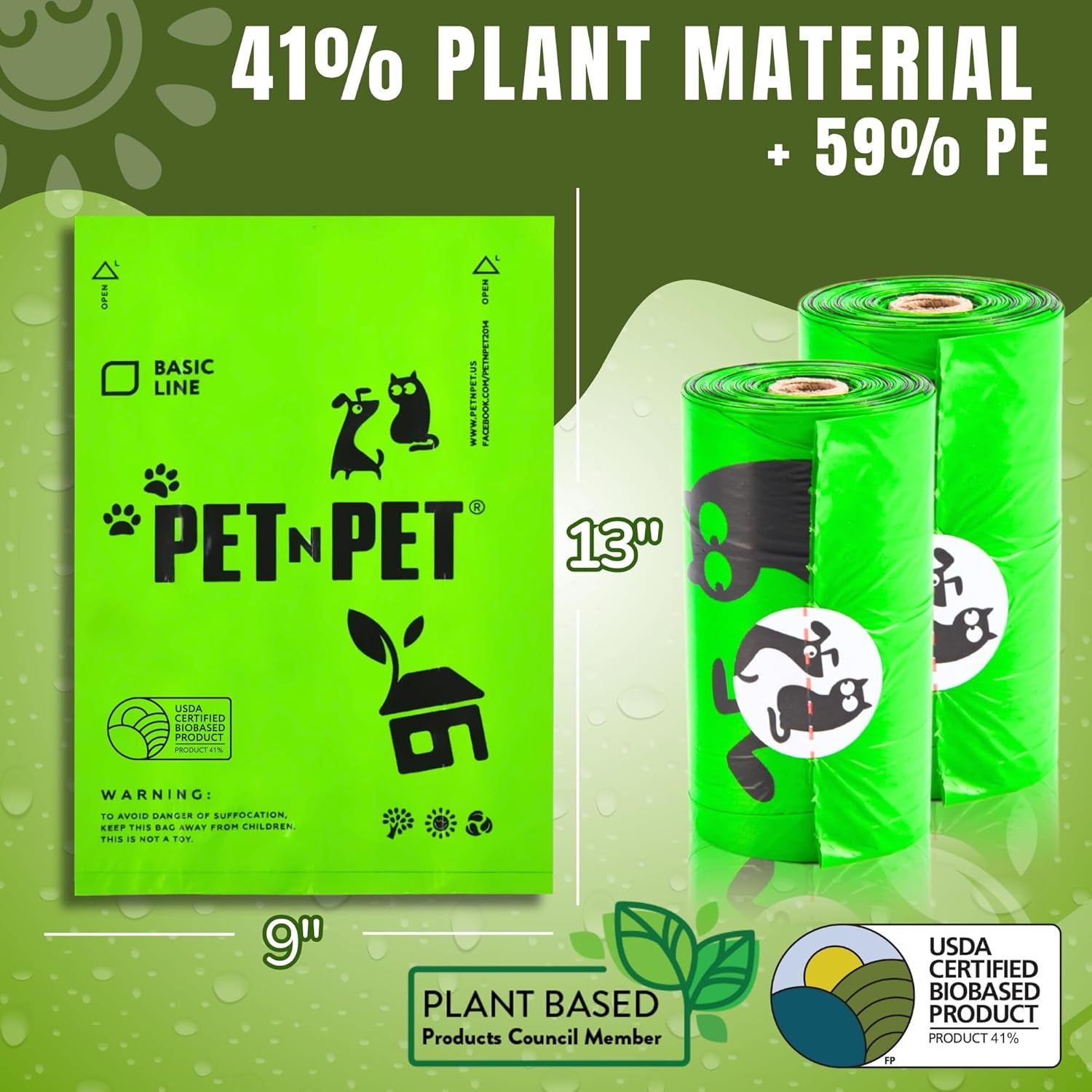 Dog Poop Bags, 41% Plant-Based, USDA Certified, Leak-Proof Dog Bags Refill Rolls for Small & Large Doggy, Cat Litter Waste & Doggie Poo (1080 Count, Unscented, Green)