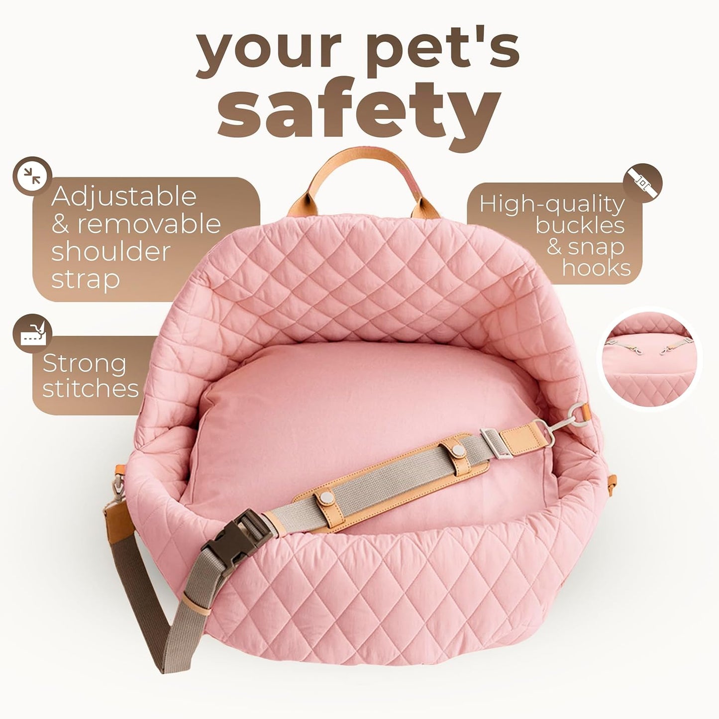 Dog Bed 3-In-1 Pet Car Seat and Dog Carrier with Small Pillow, Storage Pocket, Clip-On Safety Leash, Waterproof Puppy Carrier, Two Portable Handle, Cat Travel Carrier, Pink
