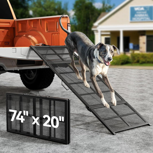 74'' L & 20'' W Portable Dog Ramp for Car - Extra Wide Lightweight Pet Dog Ramps for Large Dogs with Non-Slip Mesh, Outdoor Dog Ramp up to 400LBS, Dog Steps Stair Get into a Car Suv/Truck/Rv/Bed