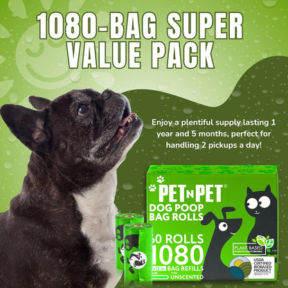 Dog Poop Bags, 41% Plant-Based, USDA Certified, Leak-Proof Dog Bags Refill Rolls for Small & Large Doggy, Cat Litter Waste & Doggie Poo (1080 Count, Unscented, Green)