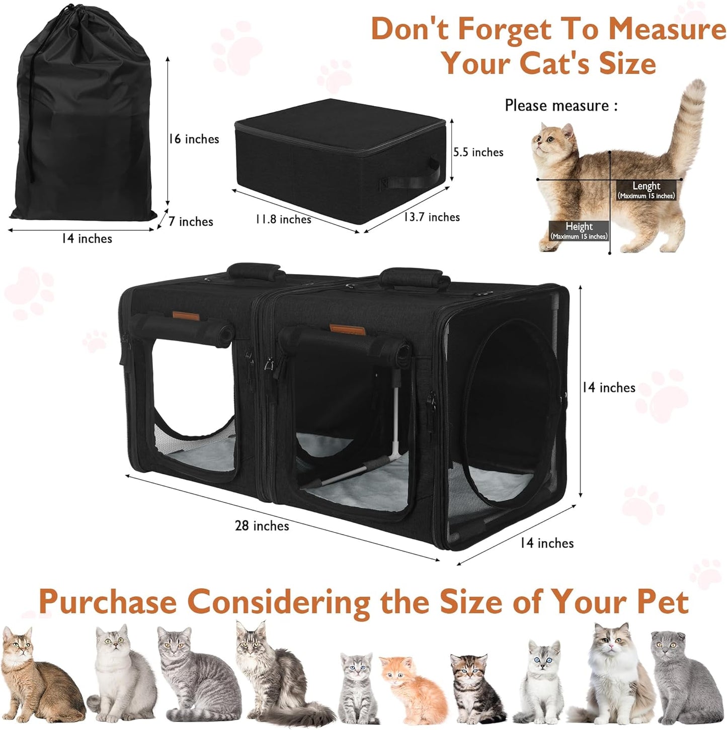 Collapsible Cat Carrier for 2 Small Cats, 28"X14"X14" Portable Kitten Cat Travel Carriers with Little Box, Soft Pet Carrier with Flannel Mat and Hammock for Gift, Indoor, Outdoor, Vet (Black)