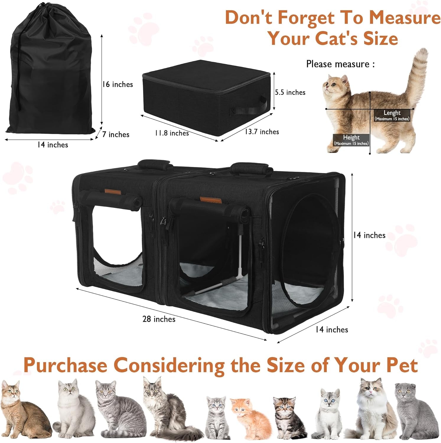Collapsible Cat Carrier for 2 Small Cats, 28"X14"X14" Portable Kitten Cat Travel Carriers with Little Box, Soft Pet Carrier with Flannel Mat and Hammock for Gift, Indoor, Outdoor, Vet (Black)