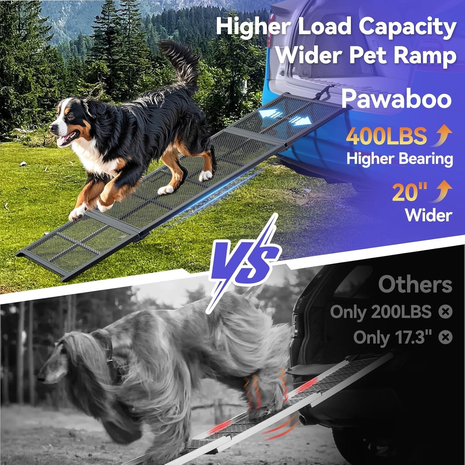 74'' L & 20'' W Portable Dog Ramp for Car - Extra Wide Lightweight Pet Dog Ramps for Large Dogs with Non-Slip Mesh, Outdoor Dog Ramp up to 400LBS, Dog Steps Stair Get into a Car Suv/Truck/Rv/Bed