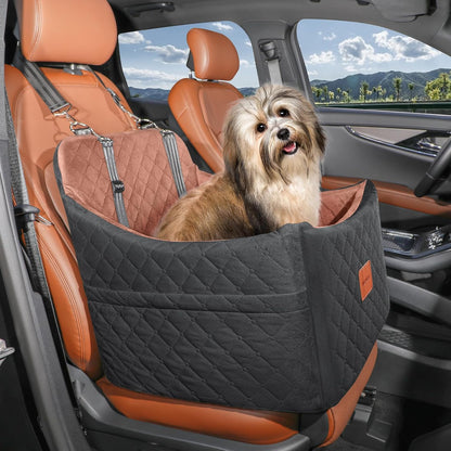 Dog Car Seats for Small/Medium Dogs up to 35 Lbs – Portable Memory Foam Dog Seat for Car with Anti-Slip Design, 2 Adjustable Safety Leashes & Storage Pockets(Black/Brown, Medium)