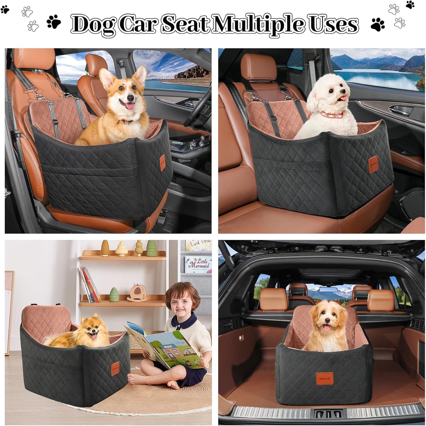 Dog Car Seats for Small/Medium Dogs up to 35 Lbs – Portable Memory Foam Dog Seat for Car with Anti-Slip Design, 2 Adjustable Safety Leashes & Storage Pockets(Black/Brown, Medium)