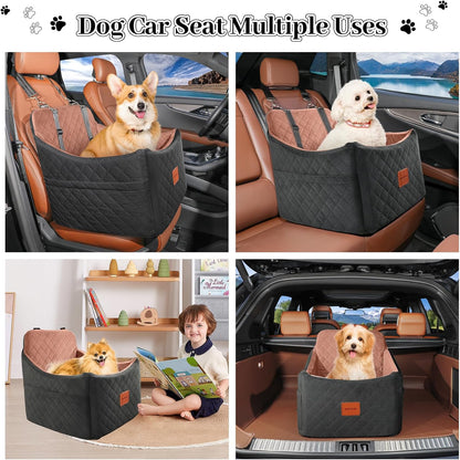 Dog Car Seats for Small/Medium Dogs up to 35 Lbs – Portable Memory Foam Dog Seat for Car with Anti-Slip Design, 2 Adjustable Safety Leashes & Storage Pockets(Black/Brown, Medium)