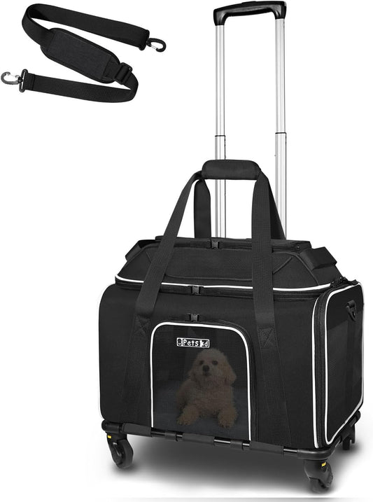 Top-Expandable Pet Carrier with Wheels 18X11X11 Inches Delta American United Airline Approved, Soft-Sided Carrier for Small Cats Dogs with Locking Safety Zippers and Anti-Scratch Mesh(Black)