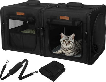 Collapsible Cat Carrier for 2 Small Cats, 28"X14"X14" Portable Kitten Cat Travel Carriers with Little Box, Soft Pet Carrier with Flannel Mat and Hammock for Gift, Indoor, Outdoor, Vet (Black)