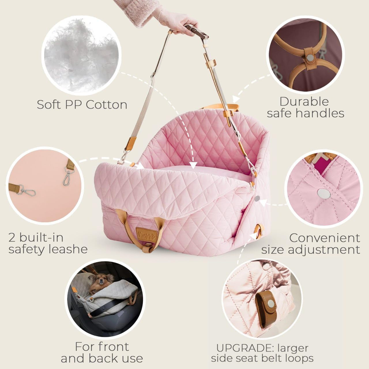 Dog Bed 3-In-1 Pet Car Seat and Dog Carrier with Small Pillow, Storage Pocket, Clip-On Safety Leash, Waterproof Puppy Carrier, Two Portable Handle, Cat Travel Carrier, Pink