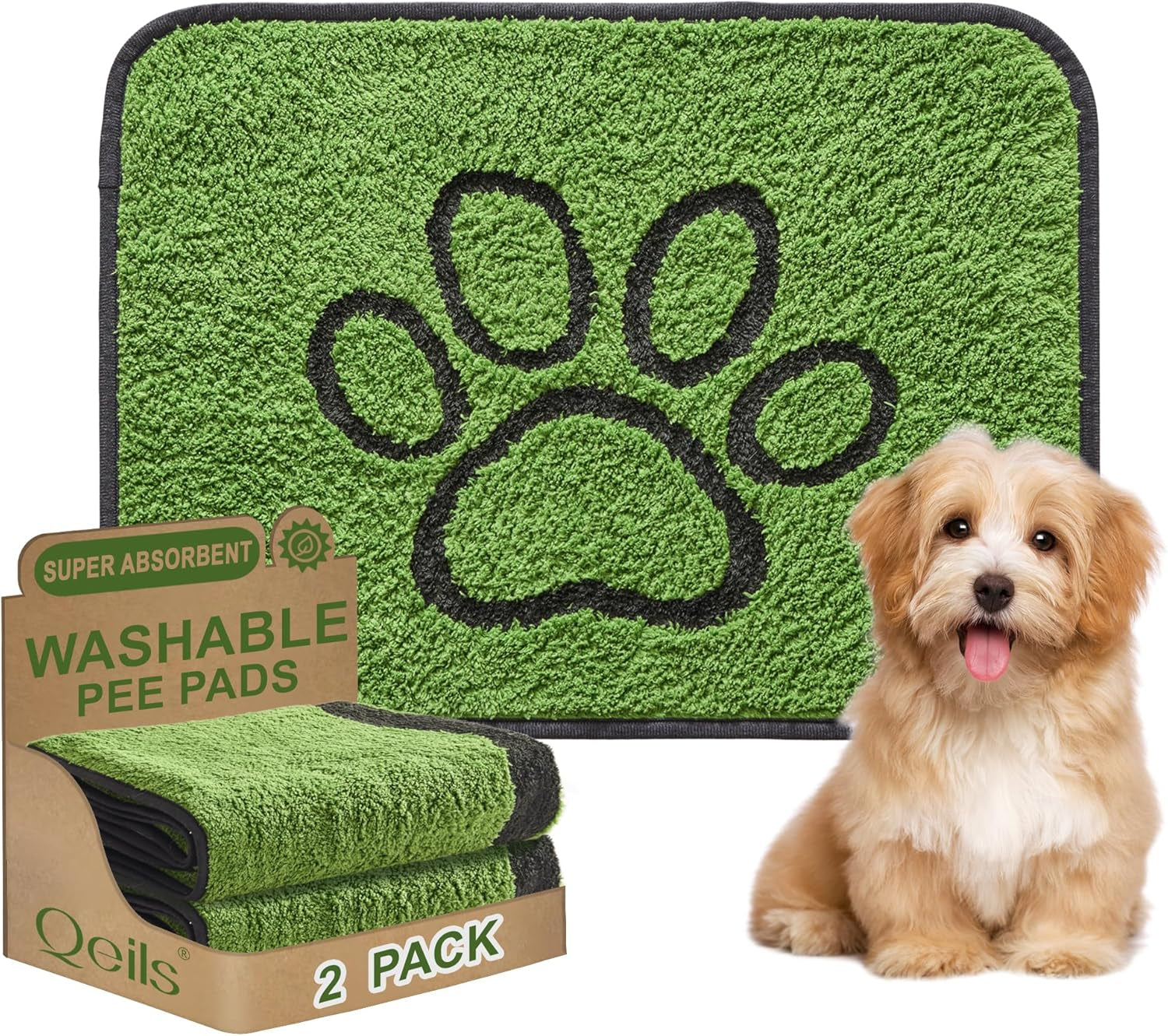 Washable Pee Pads for Dogs, 2 Pack Super Absorbent Reusable Puppy Pads with Green Long Wool for Potty Training, Floor, Couch, Bed, and Crate,18"X 24"