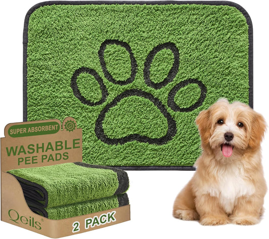 Washable Pee Pads for Dogs, 2 Pack Super Absorbent Reusable Puppy Pads with Green Long Wool for Potty Training, Floor, Couch, Bed, and Crate,18"X 24"